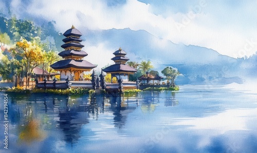 Watercolor Bali holiday tourism, Ulun Danu Bratan Water Temple Bali, Bali, Indonesia
