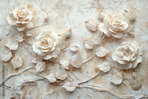 Fototapeta Naklejka Na Ścianę i Meble -  Elegant cream roses and leaves 3D wall art.