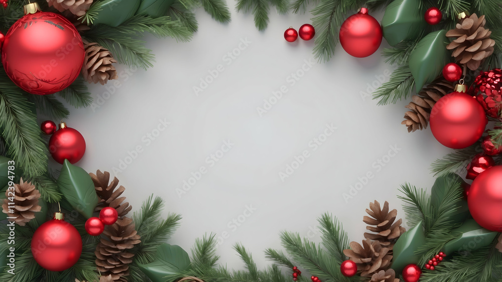 Christmas festive garland, a mix of pine branches, red ornaments and pine cones. Use as graphic resource or invitation cards.