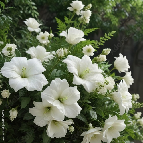 Delicate white funeral flowers with green foliage, sympathy sentiment, floral tribute, farewell