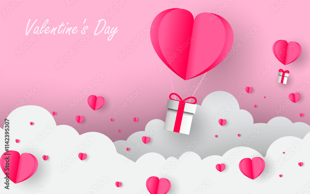 Gift box with heart balloons floating in the sky, Happy Valentine's Day banner. vector illustration Gift box with heart balloons floating in the sky, Happy Valentine's Day banner. vector illustration
