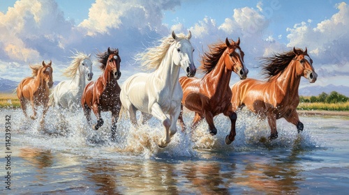 A breathtaking scene of seven horses galloping through shallow water, splashing as they run, with the sky and horizon reflected in the water, creating a serene and natural image.