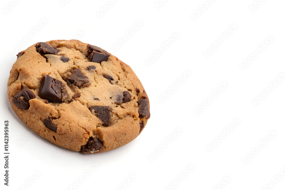 Chocolate Chip Cookie Placed Left Side Isolated on White Background and copy space Chocolate Chip Cookie Placed Left Side Isolated on White Background and copy space