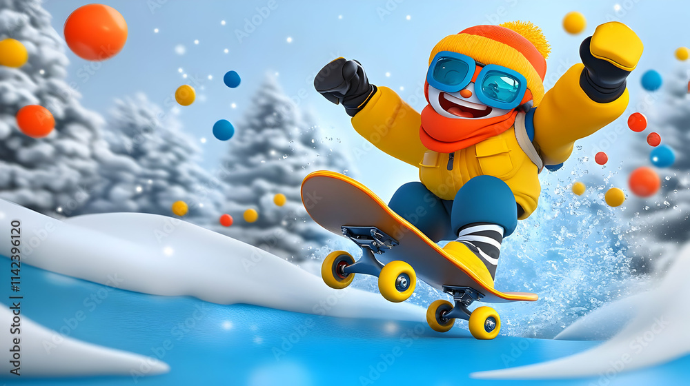 Naklejka premium Joyful Snowman Skateboarding 3D Illustration