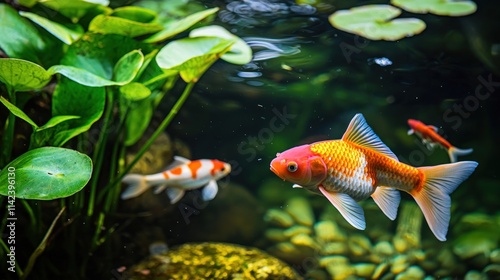 A close-up of a healthy aquatic ecosphere in a clear pond, with fish swimming among water plants