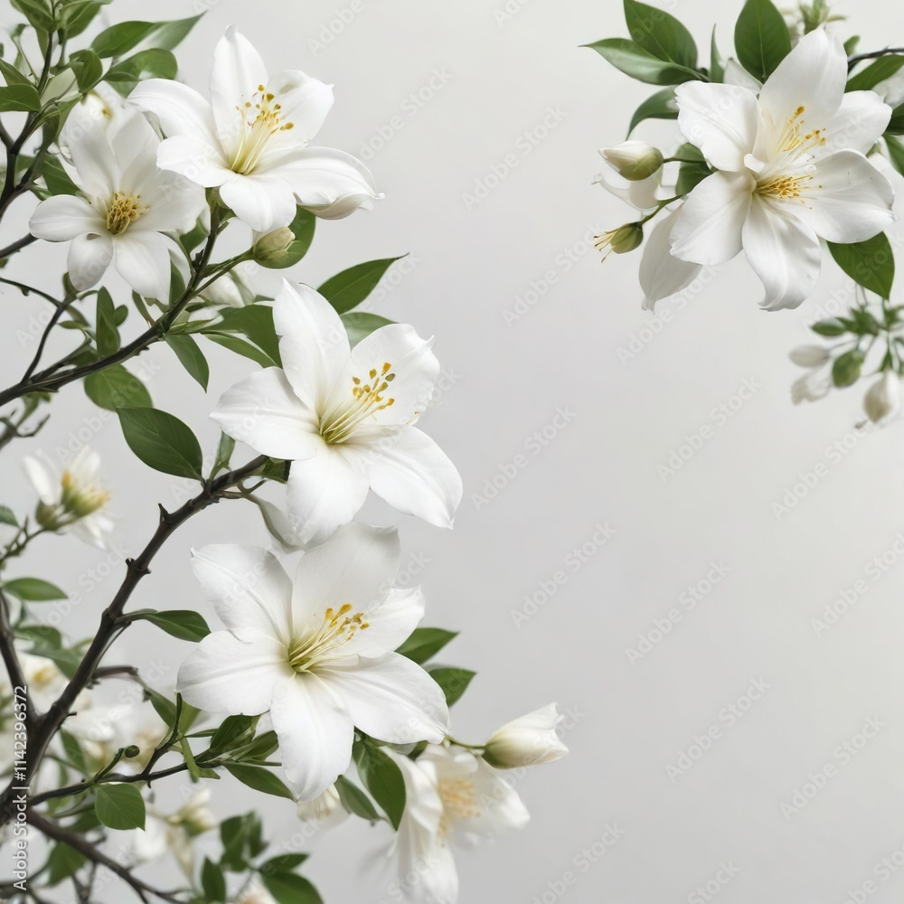 Fototapeta premium Elegant jasmine blooms on a clean white background, jasmine, white, elegant, background, flowers
