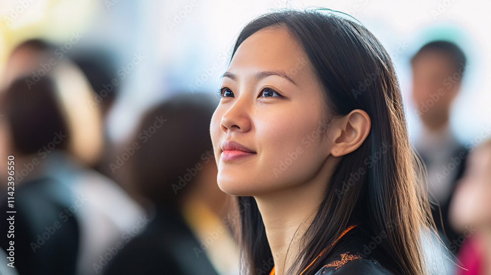 A close-up photo of an Asian woman listening intently, showcasing her serene expression and highlighting the emotional engagement in a crowd A close-up photo of an Asian woman listening intently, showcasing her serene expression and highlighting the emotional engagement in a crowd