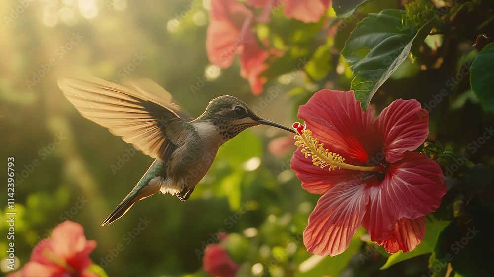 Fototapeta premium A hummingbird feeding on a vibrant hibiscus flower.