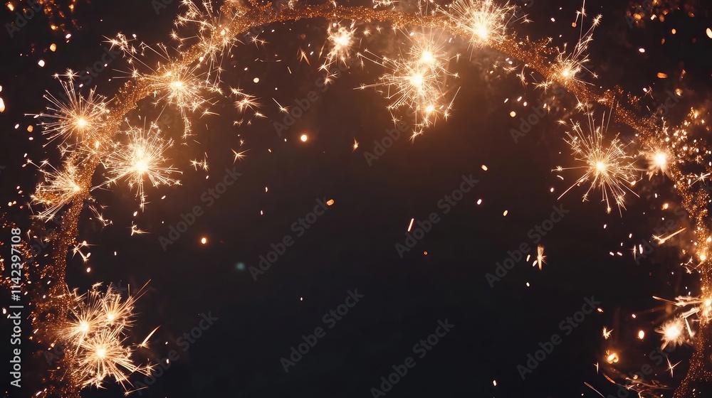 Fototapeta premium Glittering sparklers forming a decorative frame, with champagne glasses on a black festive background