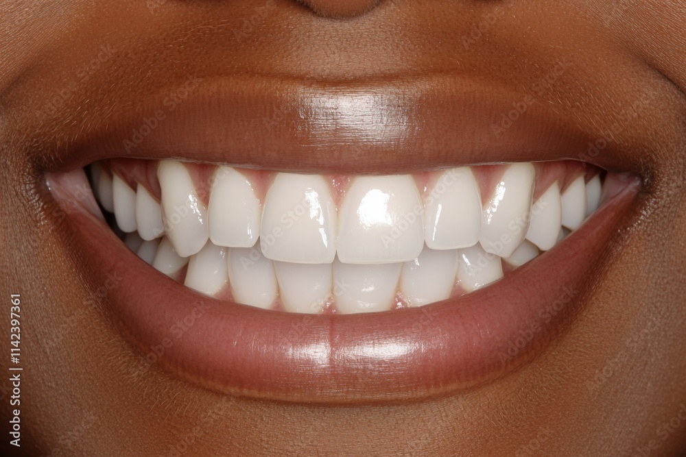 Fototapeta premium A bright, natural smile highlighting teeth whitening results under studio lighting. Before after.