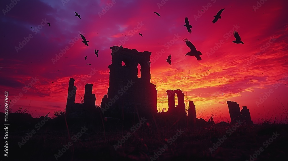 Obraz premium Vibrant Twilight Sky with Deep Shades of Red and Purple Above Ruins Surrounded by Birds in Flight, Capturing a Moment of Nature’s Drama and Beauty