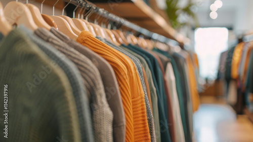 Stylish second-hand clothing store interior showcasing racks of preowned garments, emphasizing sustainable fashion movement and the importance of reusing and recycling textiles for a greener future. photo