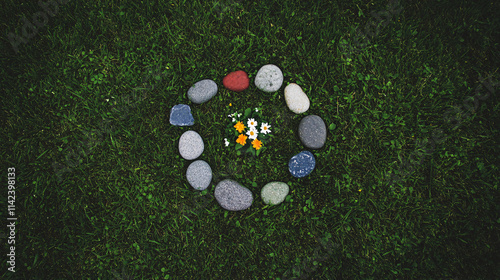 A minimalistic arrangement of small stones forms a circle on green grass, with vibrant flowers positioned in the center creating a serene and calming atmosphere photo