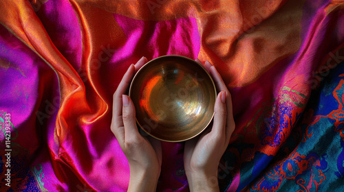 A minimalistic photo of a pair of hands gently holding a bronze bowl on a vibrant, colorful fabric background photo