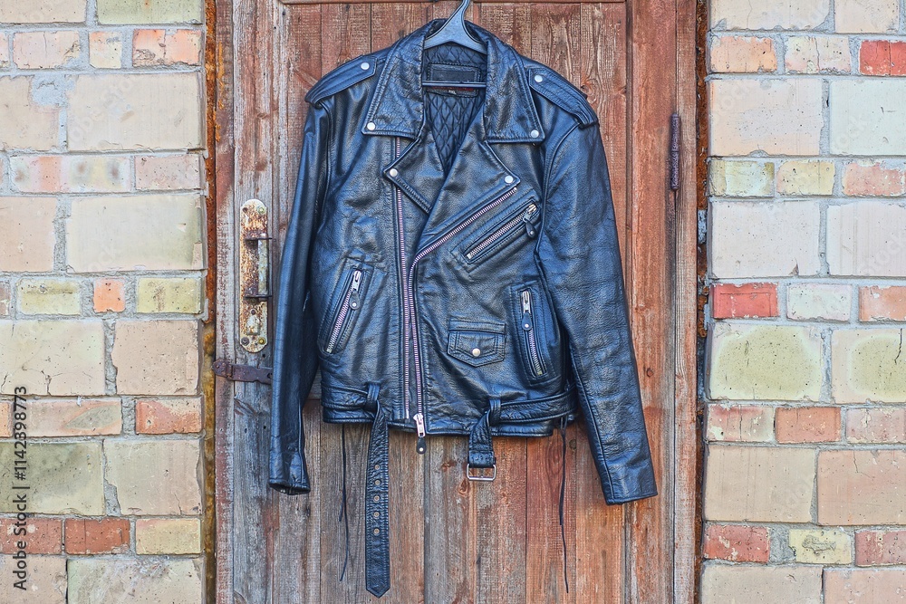 one leather old worn dirty biker classic unbuttoned with iron zippers stylish fashion mens black with belt and buckle jacket hanging on wooden brown doors near brick wall one leather old worn dirty biker classic unbuttoned with iron zippers stylish fashion mens black with belt and buckle jacket hanging on wooden brown doors near brick wall