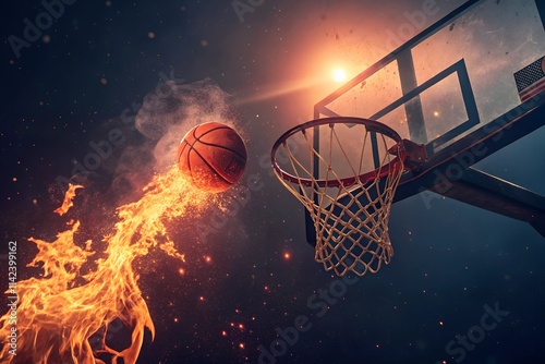 Basketball mit Flammen - Wurf auf den Korb - Abstrakte und futuristische Darstellung - Dark Hintergrund - Sport