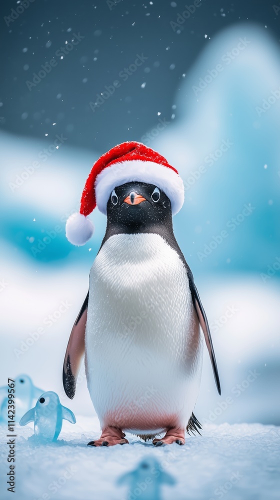 A Dignified Penguin Wearing a Santa Hat Stands Proudly on Snowy Ice Surrounded by Tiny Ice Figures, Capturing the Essence of Winter Festivities and Nature's Beauty A Dignified Penguin Wearing a Santa Hat Stands Proudly on Snowy Ice Surrounded by Tiny Ice Figures, Capturing the Essence of Winter Festivities and Nature's Beauty