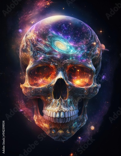 Skull with glowing eyes and a spiral galaxy background