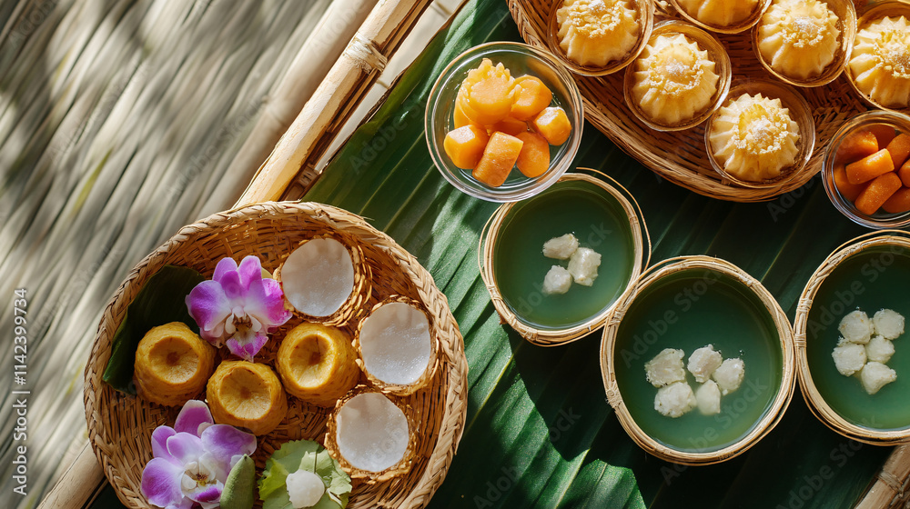 A tray displaying an assortment of traditional Thai desserts with colorful fruits garnished with flowers and surrounded by vibrant greenery A tray displaying an assortment of traditional Thai desserts with colorful fruits garnished with flowers and surrounded by vibrant greenery