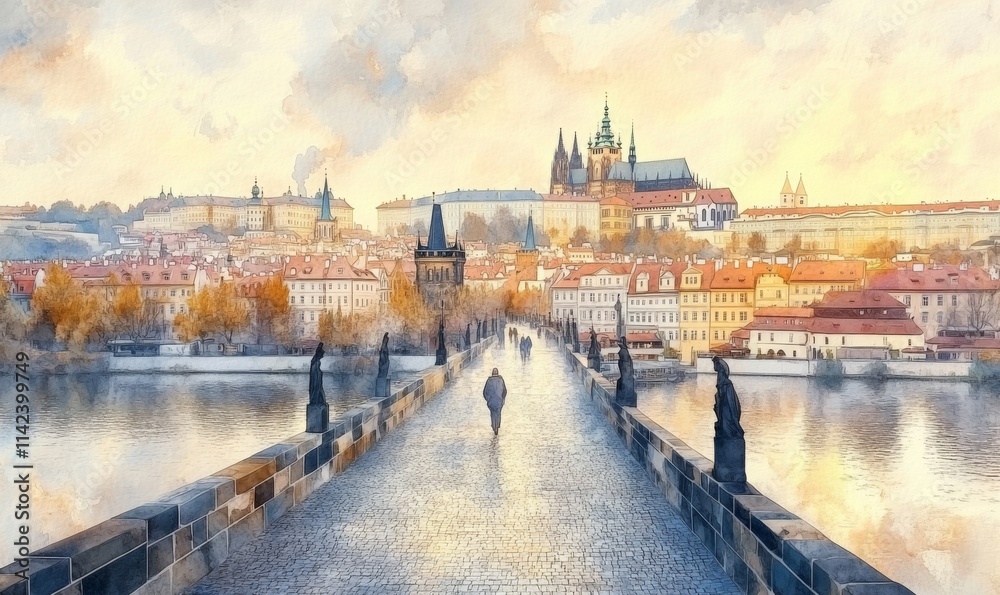 Fototapeta premium Watercolor Prague scenic spring aerial view of the Prague Old Town pier architecture Charles Bridge over Vltava river in Prague, Czechia.