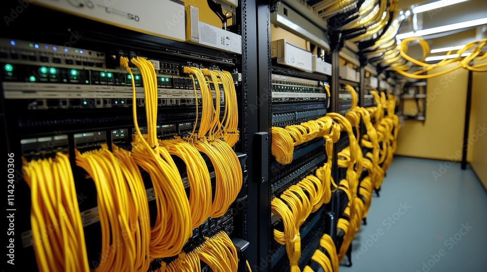 A detailed shot of a server room with large storage units and fiber optic cables, showcasing the efficiency of high-speed data transfer, with room for text A detailed shot of a server room with large storage units and fiber optic cables, showcasing the efficiency of high-speed data transfer, with room for text