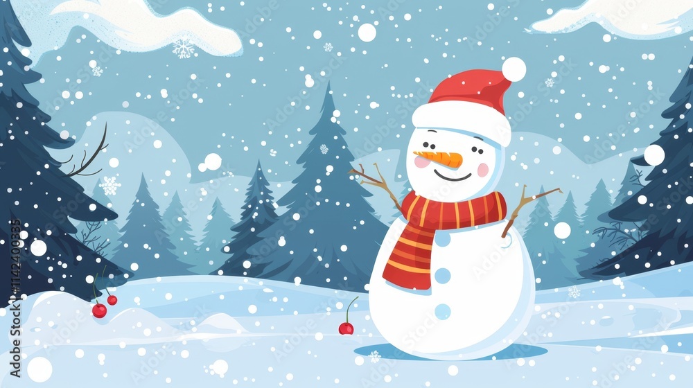 Building a cheerful snowman in a snowy winter wonderland surrounded by pine trees and falling snowflakes Building a cheerful snowman in a snowy winter wonderland surrounded by pine trees and falling snowflakes