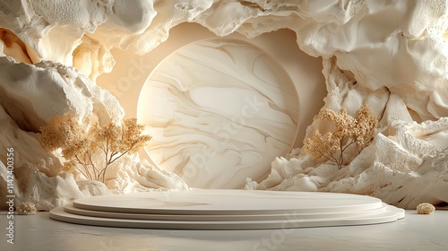 Marbled stage, soft neutral tones, 3D illustration