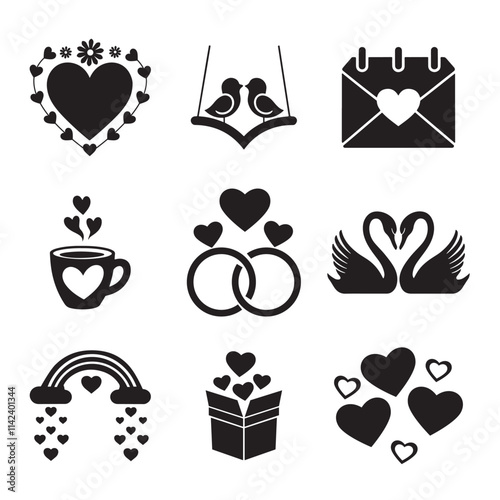 Romantic Black and White Valentine's Day Icons, A set of nine black and white icons representing different aspects of love and romance.