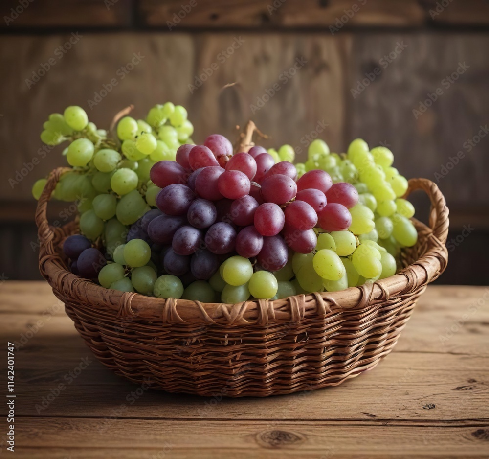 Homegrown grapes in handmade wicker basket on wooden table, homemade, fruit picking, eco-friendly, organic Homegrown grapes in handmade wicker basket on wooden table, homemade, fruit picking, eco-friendly, organic
