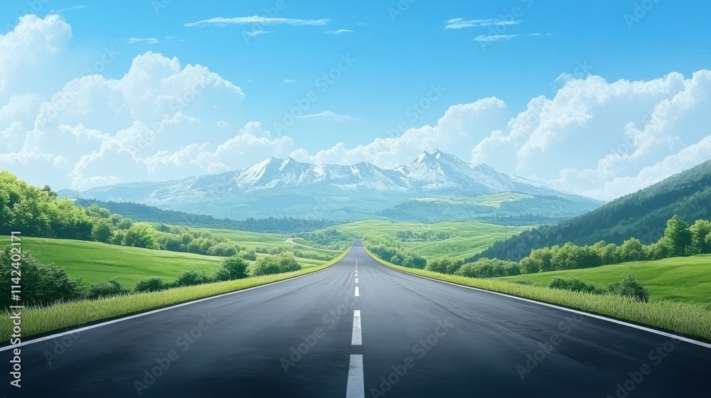 Asphalt highway road and green mountain with sky clouds