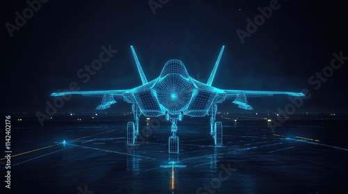 A digital wireframe hologram of a fighter jet on a dark tarmac, glowing blue with detailed lines, showcasing modern aerospace design, with space for copy