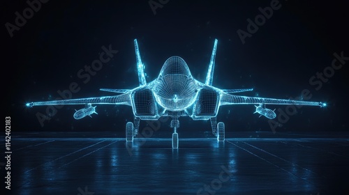 A digital wireframe hologram of a fighter jet on a dark tarmac, glowing blue with detailed lines, showcasing modern aerospace design, with space for copy