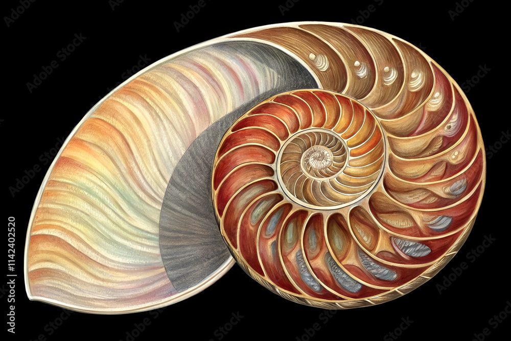 Obraz premium A vibrant illustration of nautilus shells, showcasing intricate patterns and colors, highlighting their natural beauty and geometric perfection.