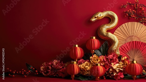 A festive red backdrop featuring a golden snake wrapping around Chinese lanterns and fans, symbolizing the New Year arrival, with space for side text