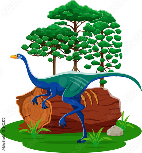 Garudimimus prehistoric dinosaur character. Isolated cartoon vector ancient omnivore reptile animal of Late cretaceous era at lush natural environment landscape with fallen log, green field and tree