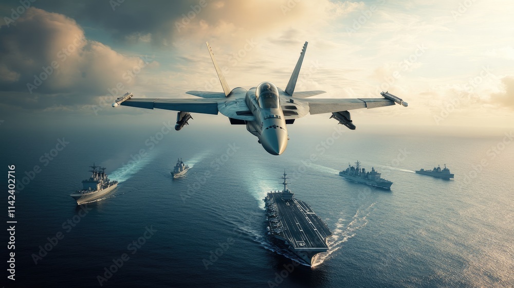 A fighter jet in flight over the ocean with a fleet of ships and an aircraft carrier below, ideal for defense or aviation-related content, with room for text. A fighter jet in flight over the ocean with a fleet of ships and an aircraft carrier below, ideal for defense or aviation-related content, with room for text.