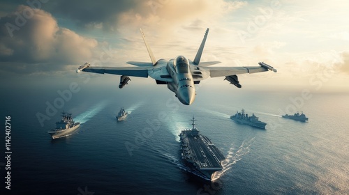 A fighter jet in flight over the ocean with a fleet of ships and an aircraft carrier below, ideal for defense or aviation-related content, with room for text.