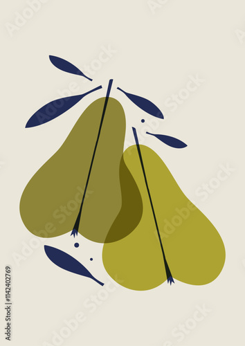 Retro fruits poster, abstract juicy pears illustration. Aesthetic groovy pear fruit design for wall print
