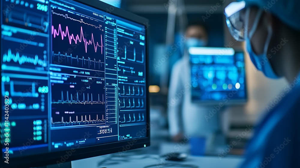 A close-up of a computer screen displaying a complex set of health data, including heart rate, blood pressure, and other vital signs, with a healthcare professional in the background. A close-up of a computer screen displaying a complex set of health data, including heart rate, blood pressure, and other vital signs, with a healthcare professional in the background.