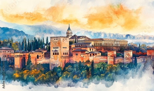 Watercolor Alhambra palace in Granada, Spain, Europe