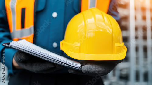 Construction worker holding yellow hard hat and clipboard, wearing safety gloves and reflective vest. image conveys sense of safety and professionalism in work environment