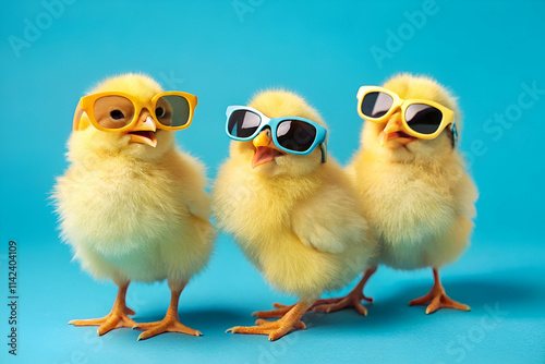 Wallpaper Mural Three adorable yellow chicks wearing colorful sunglasses pose playfully against a bright blue background. Torontodigital.ca