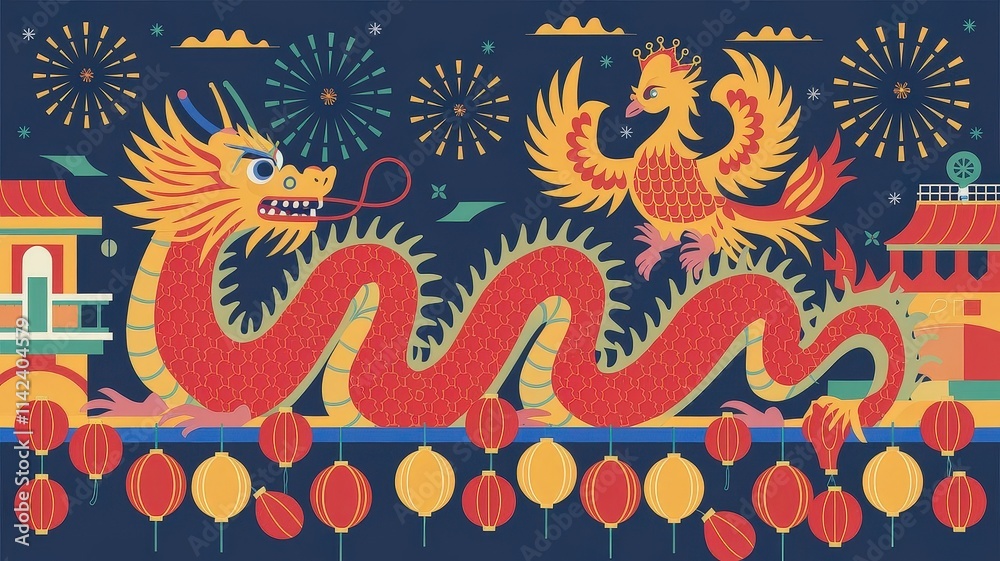 Obraz premium A vibrant illustration featuring a dragon and a phoenix amidst fireworks, symbolizing celebration and harmony in a festive setting.