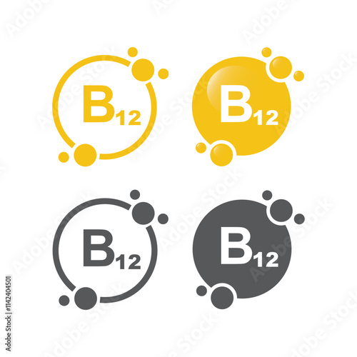 Vitamin B12 gold capsule - pill, capsule, vector, sticker.