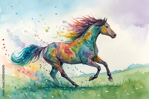 A vibrant watercolor painting of a galloping horse, showcasing a spectrum of colors and splashes, set against a serene, grassy landscape.