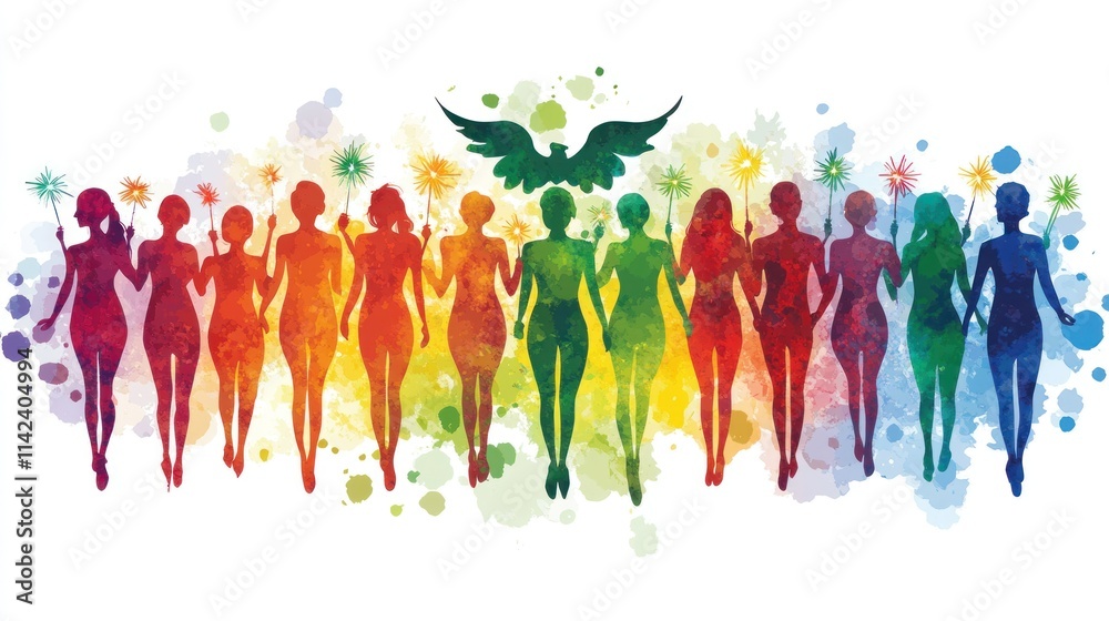 AI generates a Colorful women silhouettes holding sparklers with a dove. AI generates a Colorful women silhouettes holding sparklers with a dove.