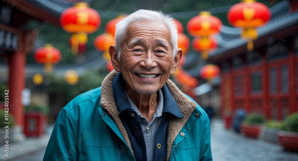 Asian elderly man happy wearing teal jacket looking on camera Asian elderly man happy wearing teal jacket looking on camera