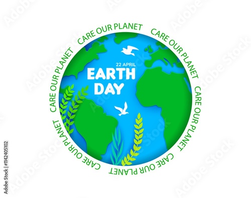 Earth day paper cut banner of world nature for environment conservation, vector symbol. Save planet on earth day, papercut banner with green continents, oceans and dove for ecology protection