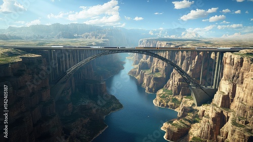 A high-speed rail bridge spanning across a vast canyon, showcasing innovative engineering and breathtaking views