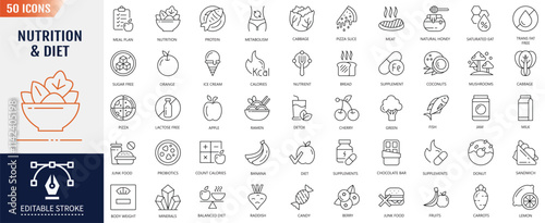 Nutrition and Diet Line Editable Stroke Icons set. Containing Icons: types of healthy and unhealthy foods, vitamins and minerals, and more. Vector Illustration